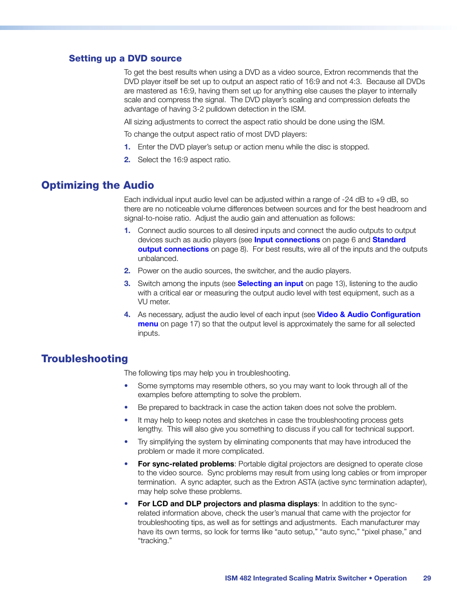 Setting up a dvd source, Optimizing the audio, Troubleshooting | Extron Electronics ISM 482 User Manual | Page 35 / 82