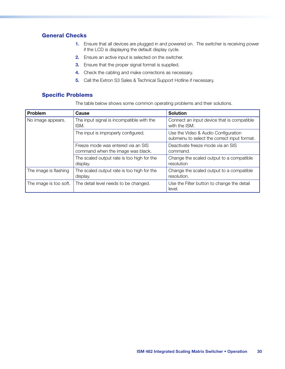 General checks, Specific problems, General checks specific problems | Extron Electronics ISM 482 User Manual | Page 36 / 82