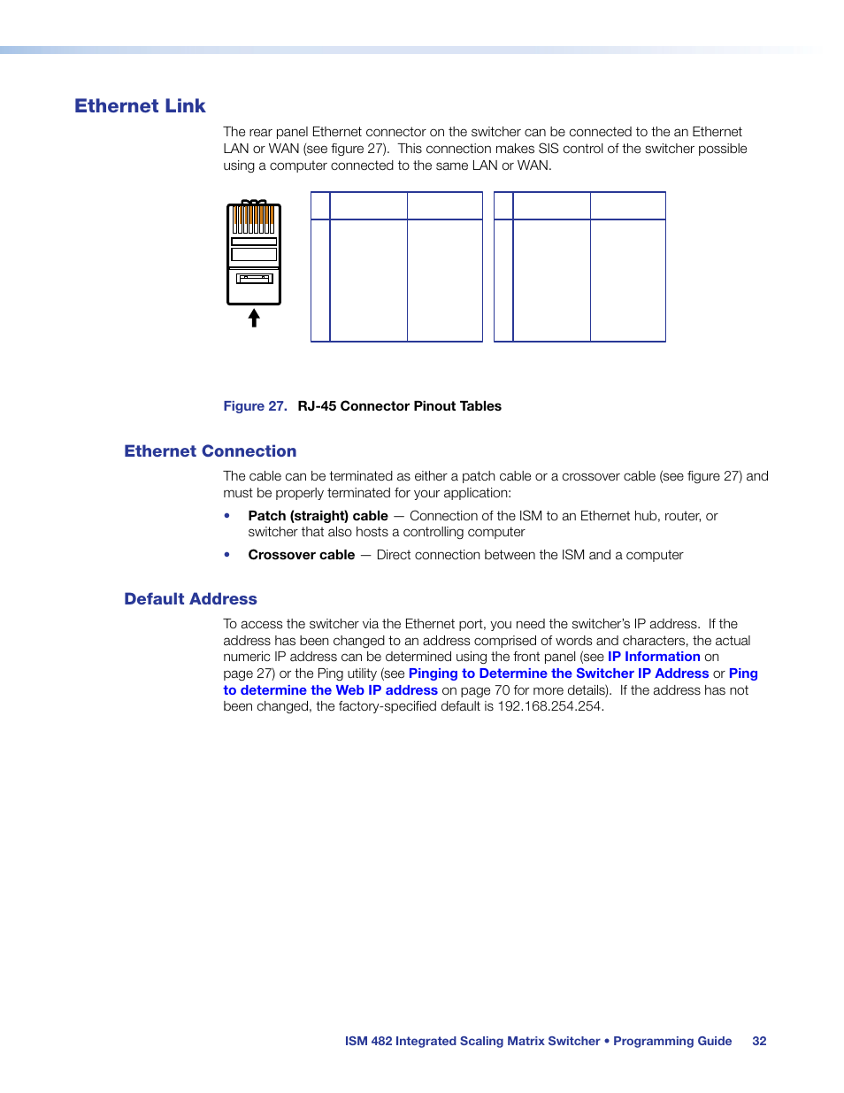 Ethernet link, Ethernet connection, Default address | Ethernet connection default address | Extron Electronics ISM 482 User Manual | Page 38 / 82