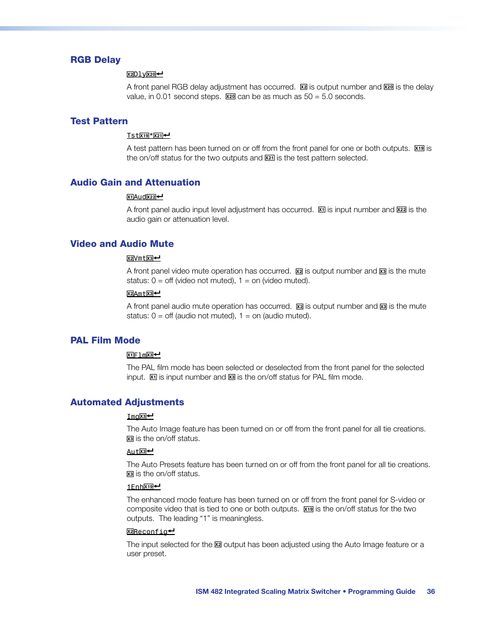 Rgb delay, Test pattern, Audio gain and attenuation | Video and audio mute, Pal film mode, Automated adjustments | Extron Electronics ISM 482 User Manual | Page 42 / 82