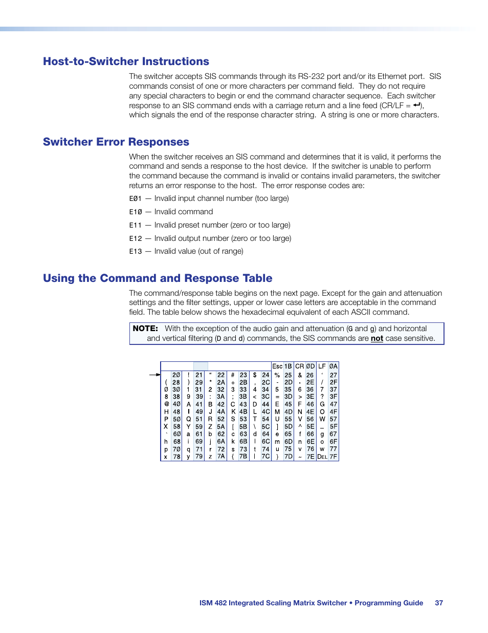 Host-to-switcher instructions, Switcher error responses, Using the command and response table | Extron Electronics ISM 482 User Manual | Page 43 / 82