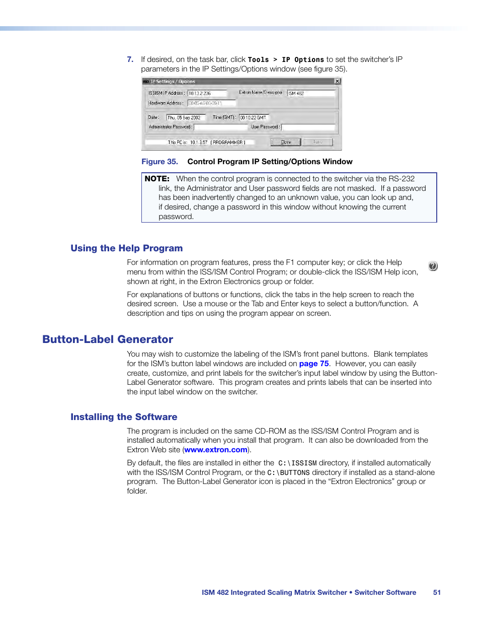 Using the help program, Button-label generator, Installing the software | E 14). see the, Button-label, Generator, Een (see, Figure 35 | Extron Electronics ISM 482 User Manual | Page 57 / 82