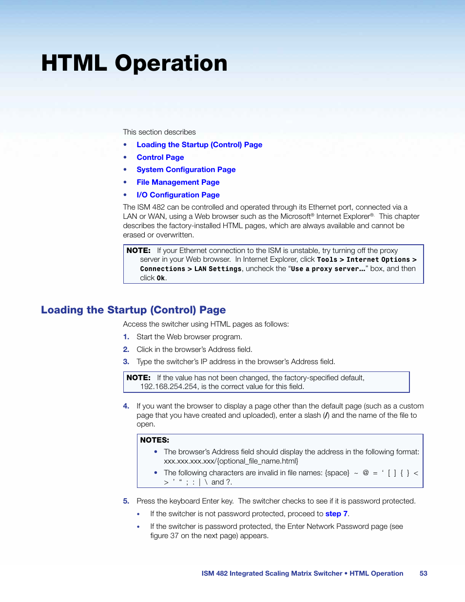 Ethernet operation, Html operation, Loading the startup (control) page | Extron Electronics ISM 482 User Manual | Page 59 / 82