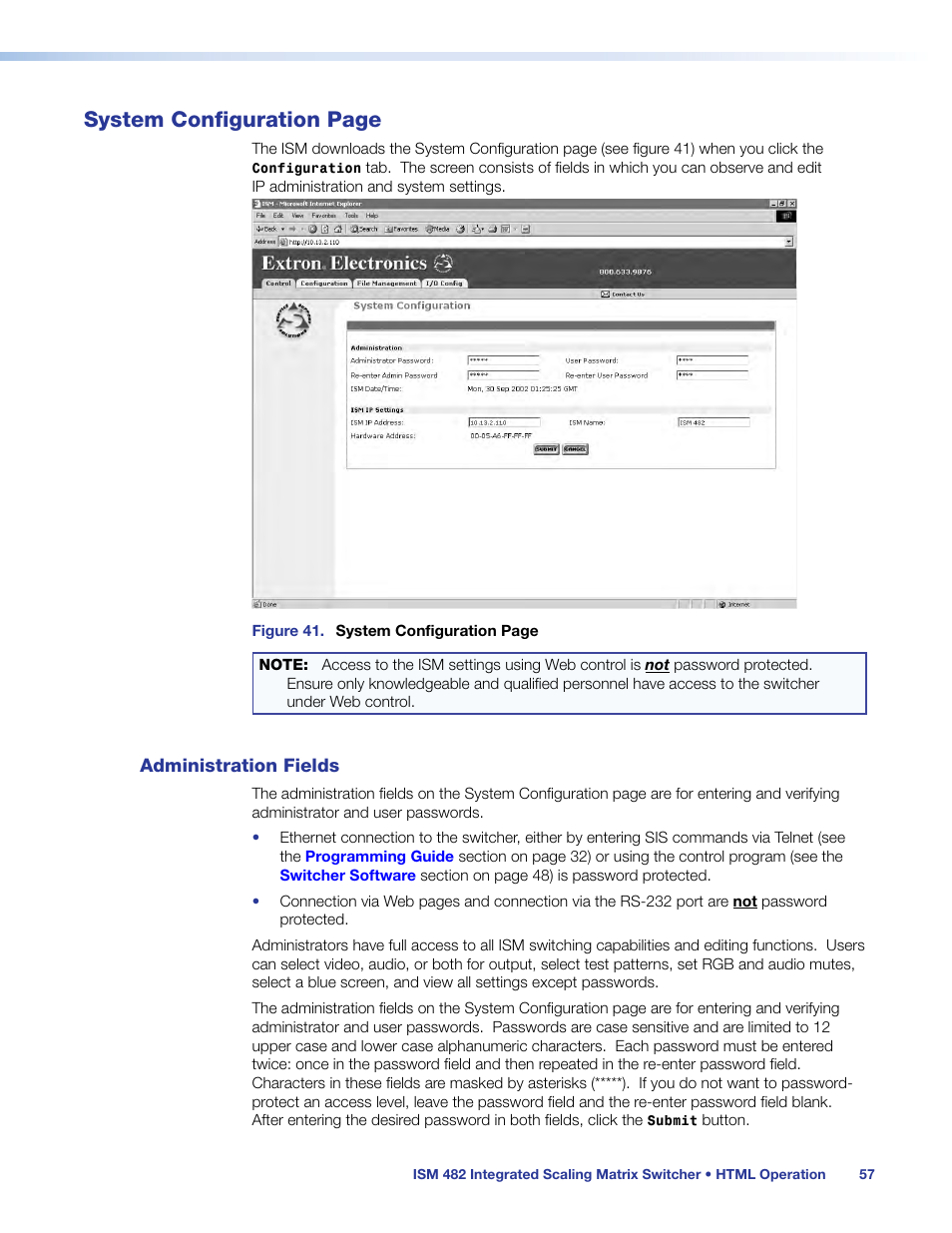 Administration fields, System configuration page | Extron Electronics ISM 482 User Manual | Page 63 / 82