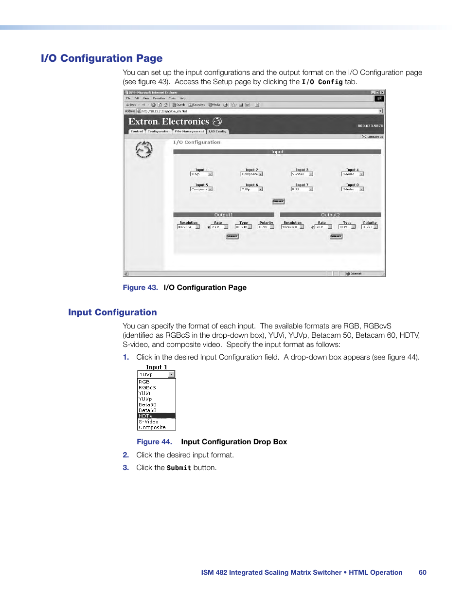 Input configuration, Html operation, I/o configuration page | Extron Electronics ISM 482 User Manual | Page 66 / 82