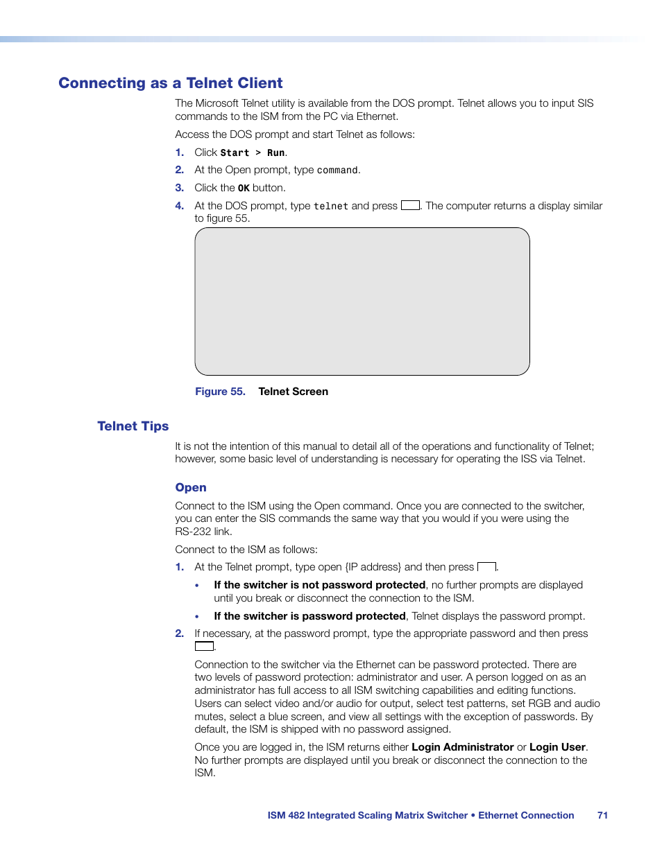 Connecting as a telnet client, Telnet tips | Extron Electronics ISM 482 User Manual | Page 77 / 82