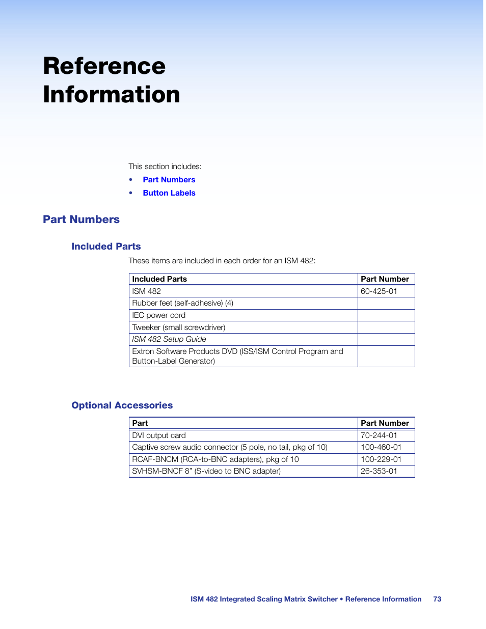 Reference information, Part numbers, Included parts | Optional accessories, Included parts optional accessories | Extron Electronics ISM 482 User Manual | Page 79 / 82