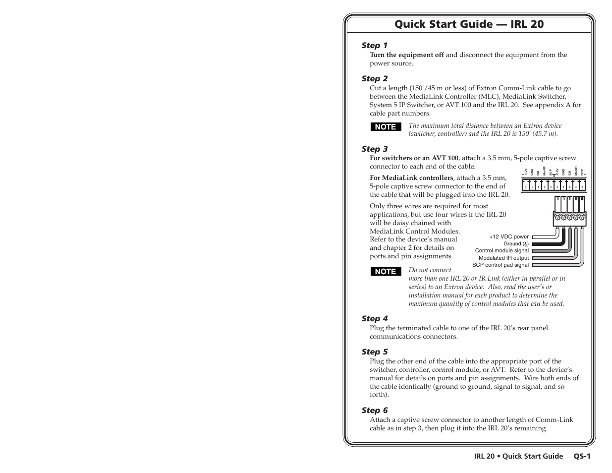 Quick start guide, Quick start guide — irl 20, Step 1 | Step 2, Step 3, Step 4, Step 5, Step 6 | Extron Electronics IRL 20 User Manual | Page 3 / 11