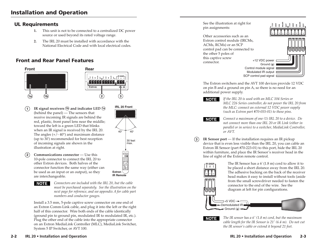 Ul requirements, Front and rear panel features, Installation and operation | Irl 20 • installation and operation, Front rear | Extron Electronics IRL 20 User Manual | Page 7 / 11