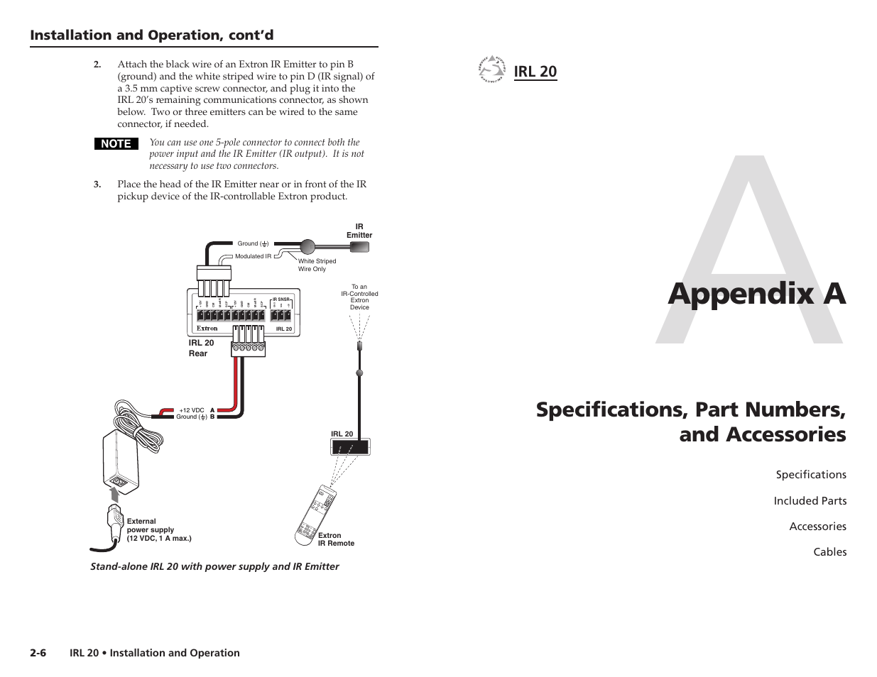 Appendix a, Specifications, part numbers, and accessories, Irl 20 | Installation and operation, cont’d | Extron Electronics IRL 20 User Manual | Page 9 / 11