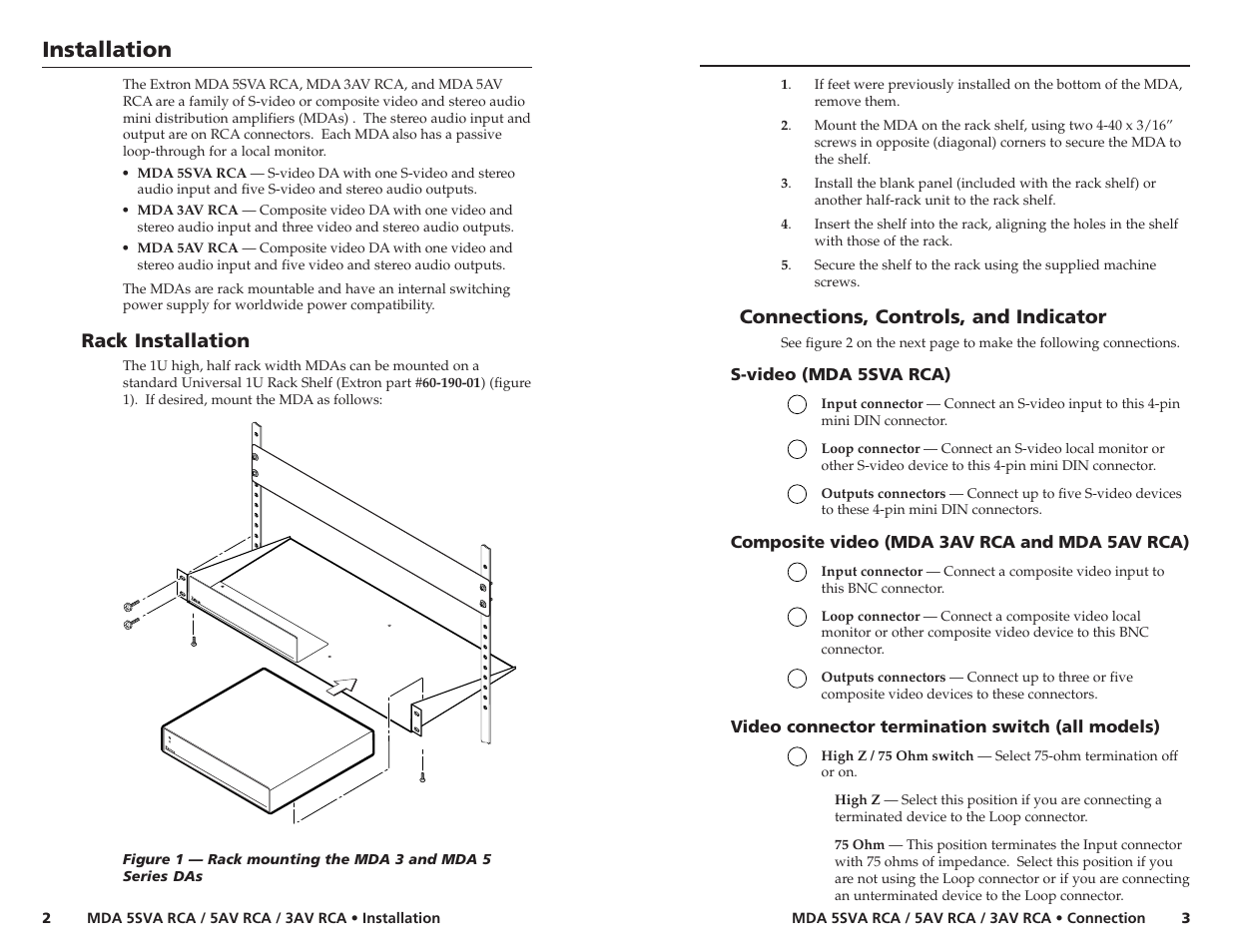 Installation, Rack installation, Connections, controls, and indicator | Extron Electronics MDA 3AV RCA User Manual | Page 2 / 4