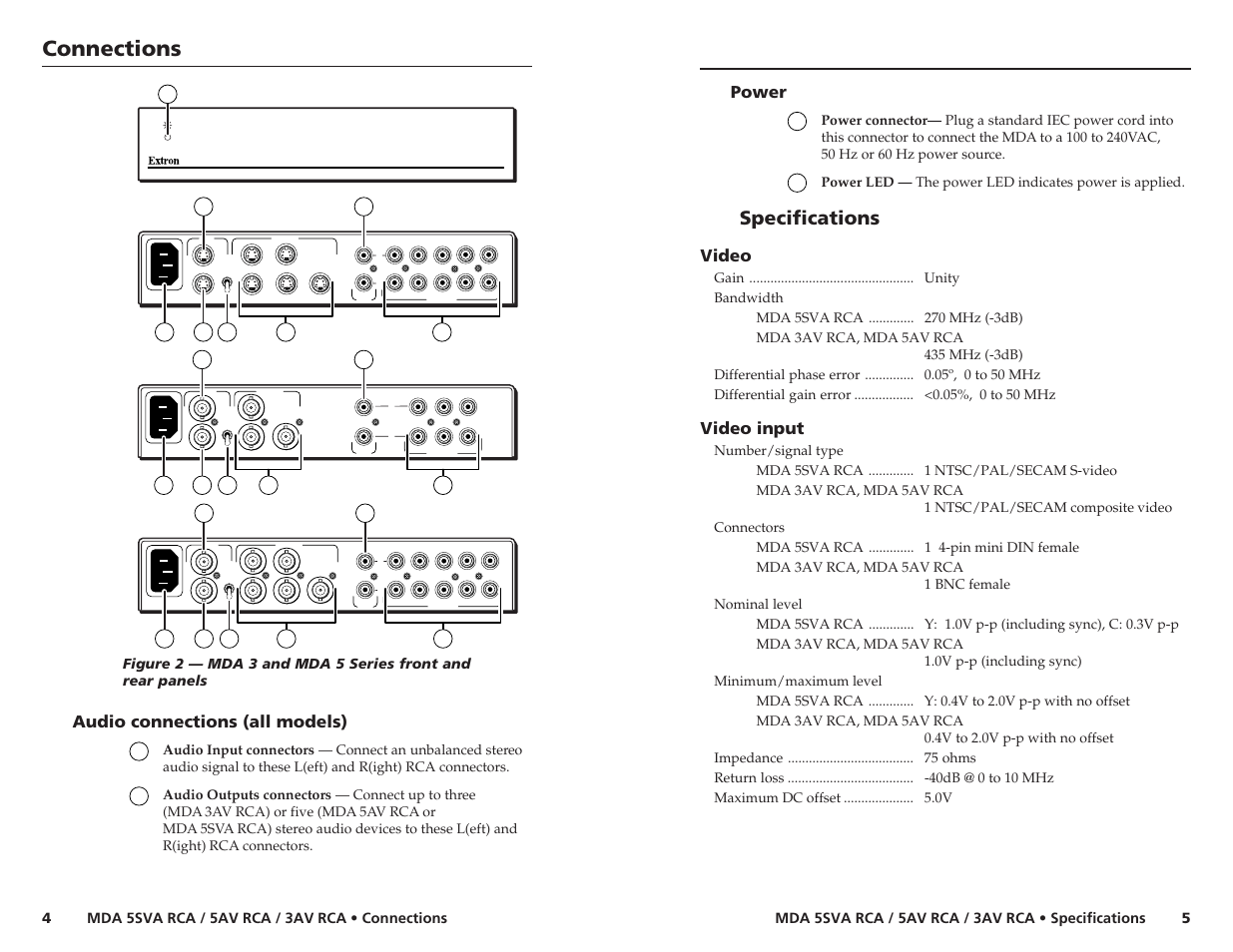 Connections, Specifications, Audio connections (all models) | Power, Video, Video input | Extron Electronics MDA 3AV RCA User Manual | Page 3 / 4