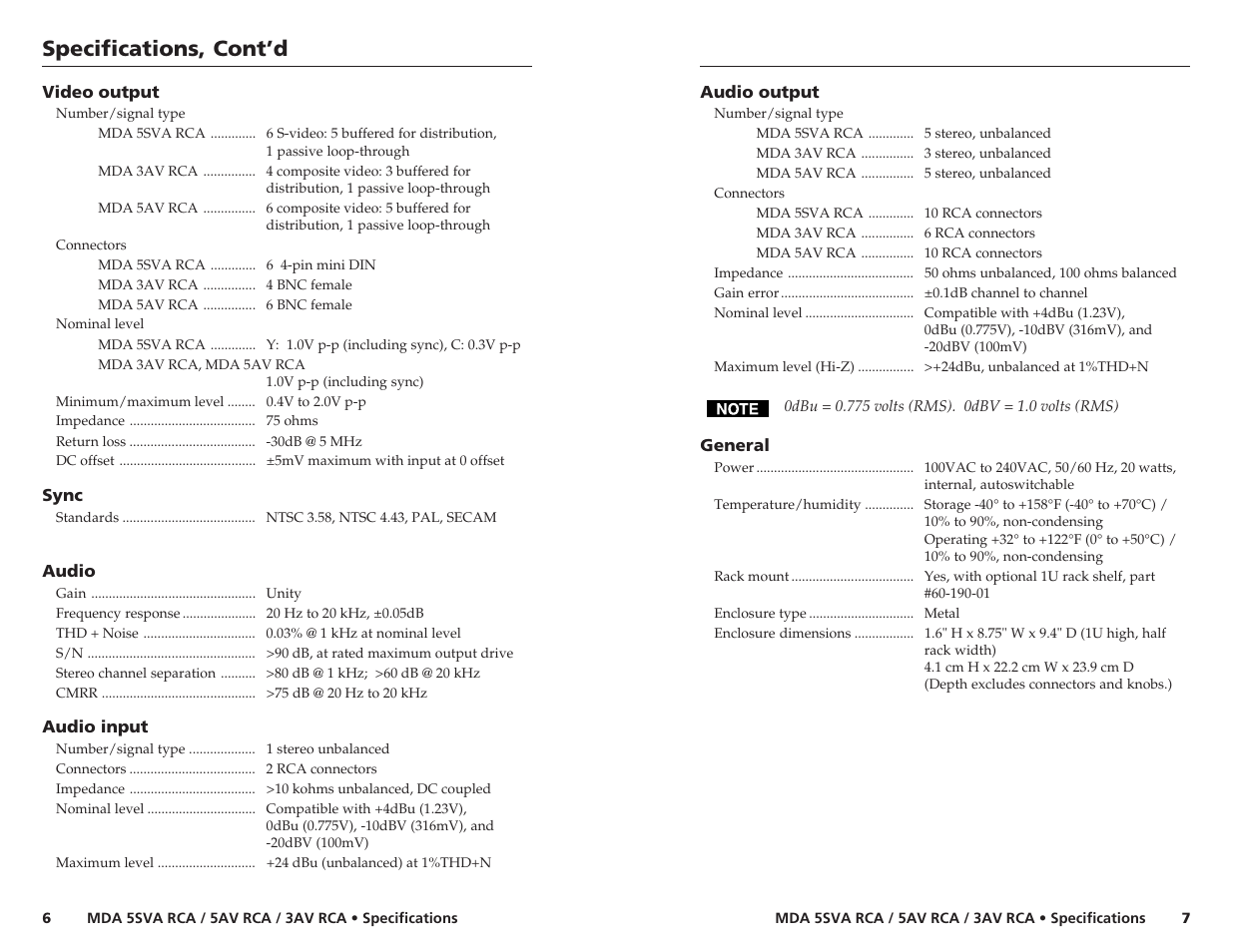 Specifications, cont’d | Extron Electronics MDA 3AV RCA User Manual | Page 4 / 4