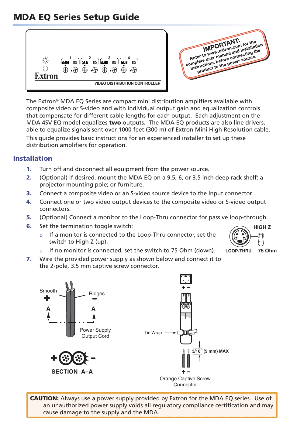 Extron Electronics MDA EQ Series Setup Guide User Manual | 2 pages