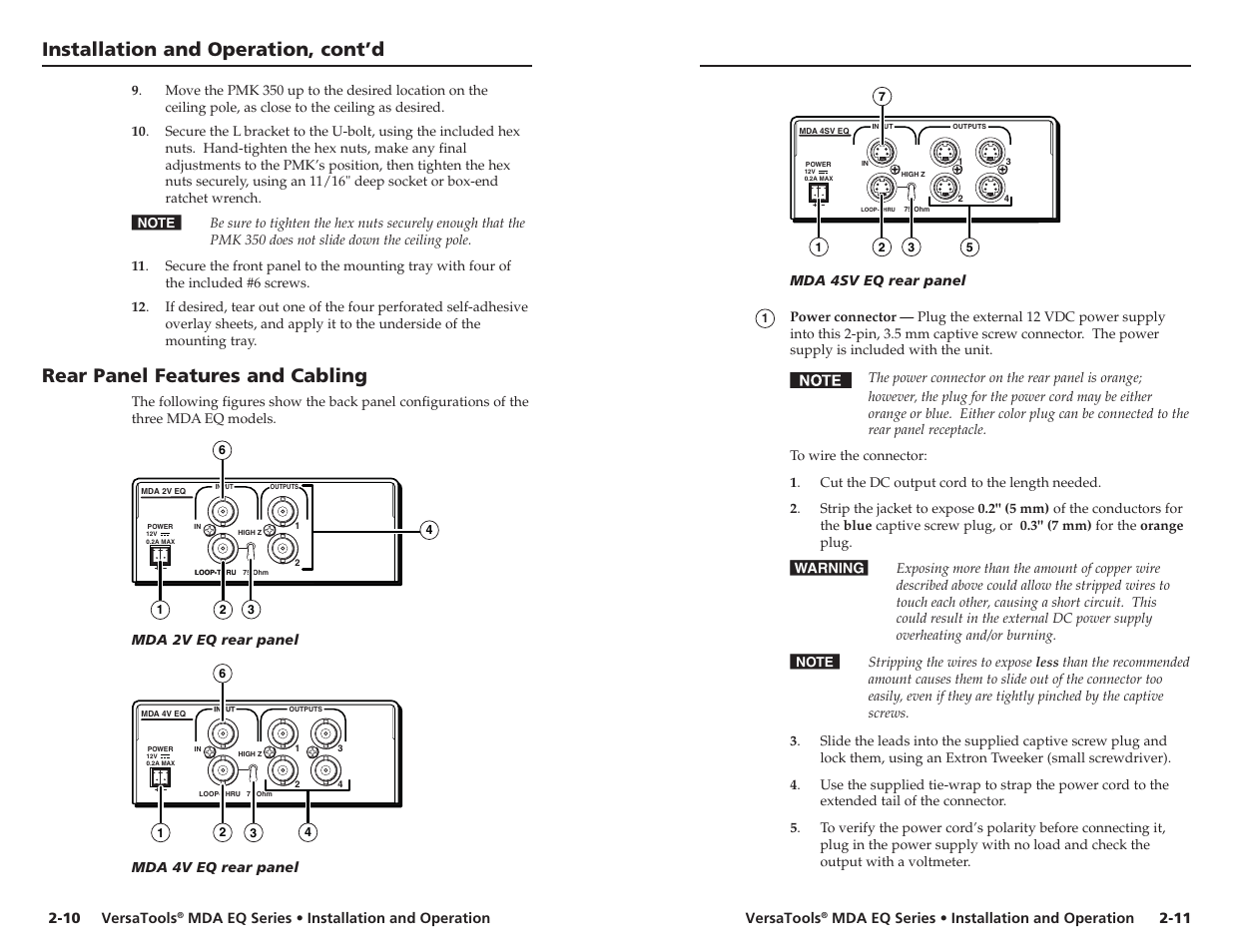 Installation and operation, cont’d, Rear panel features and cabling | Extron Electronics MDA 4V EQ User’s Manual User Manual | Page 13 / 19