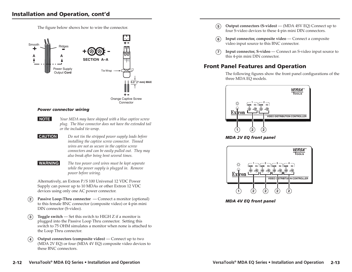 Installation and operation, cont’d, Front panel features and operation | Extron Electronics MDA 4V EQ User’s Manual User Manual | Page 14 / 19