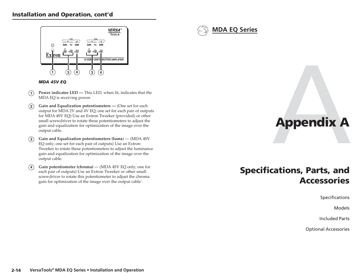 Appendix a, Specifications, parts, and accessories | Extron Electronics MDA 4V EQ User’s Manual User Manual | Page 15 / 19