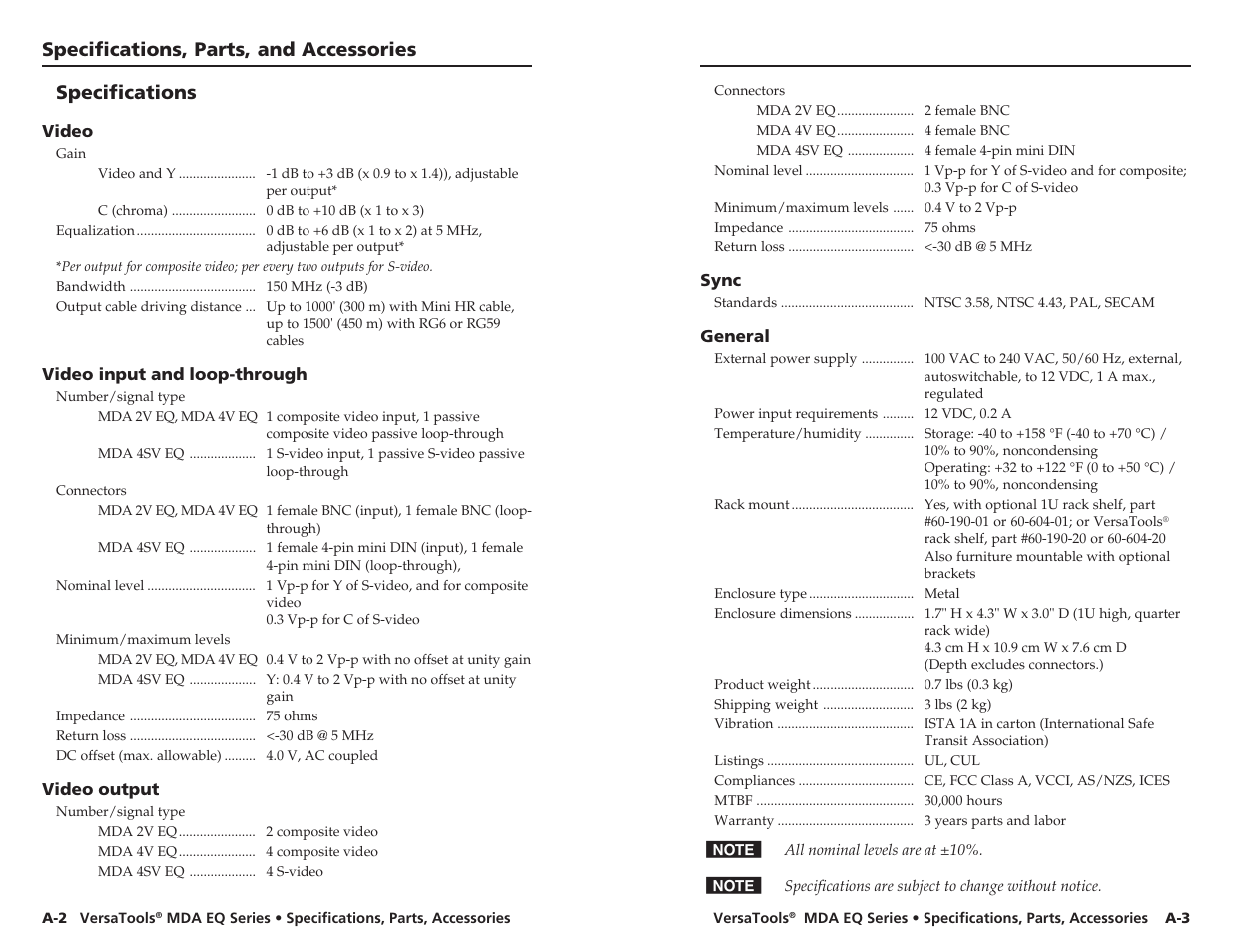 Specifications, parts, and accessories, Specifications | Extron Electronics MDA 4V EQ User’s Manual User Manual | Page 16 / 19