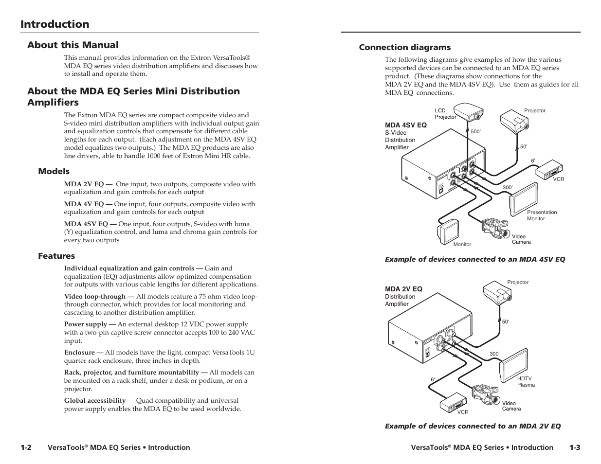 Introduction, About this manual, Models | Features, Connection diagrams, Versatools, Mda eq series • introduction versatools, Mda eq series • introduction, Example of devices connected to an mda 4sv eq, Example of devices connected to an mda 2v eq 1-3 | Extron Electronics MDA 4V EQ User’s Manual User Manual | Page 7 / 19