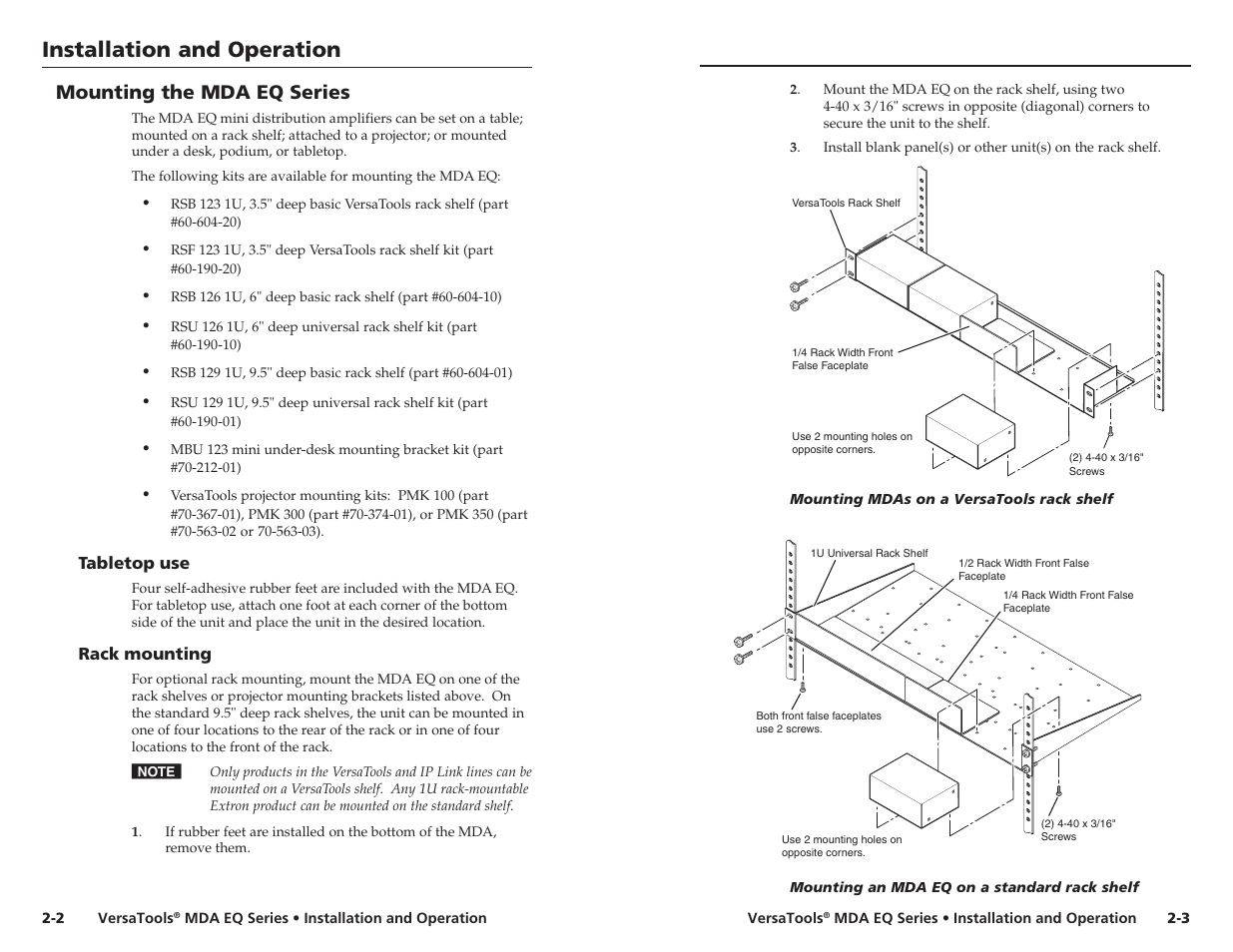 Installation and operation, Mounting the mda eq series | Extron Electronics MDA 4V EQ User’s Manual User Manual | Page 9 / 19