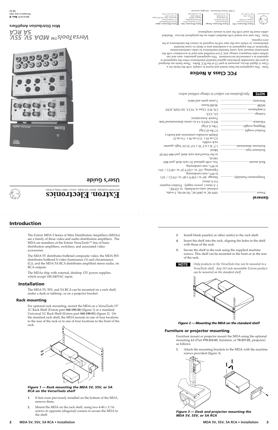 Versat ools™ mda 5v, 5sv , 5a rca, User’s guide, Introduction | Fcc class a notice | Extron Electronics MDA 5SV User’s Manual Rev. B User Manual | Page 2 / 5