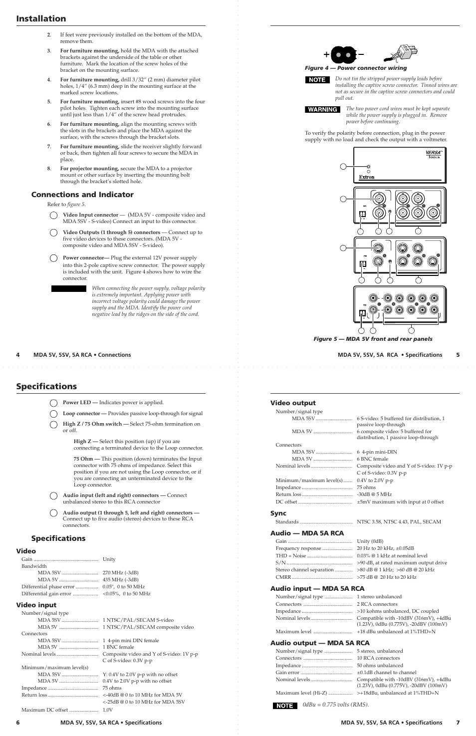 Installation, Specifications, Connections and indicator | Extron Electronics MDA 5SV User’s Manual Rev. B User Manual | Page 4 / 5