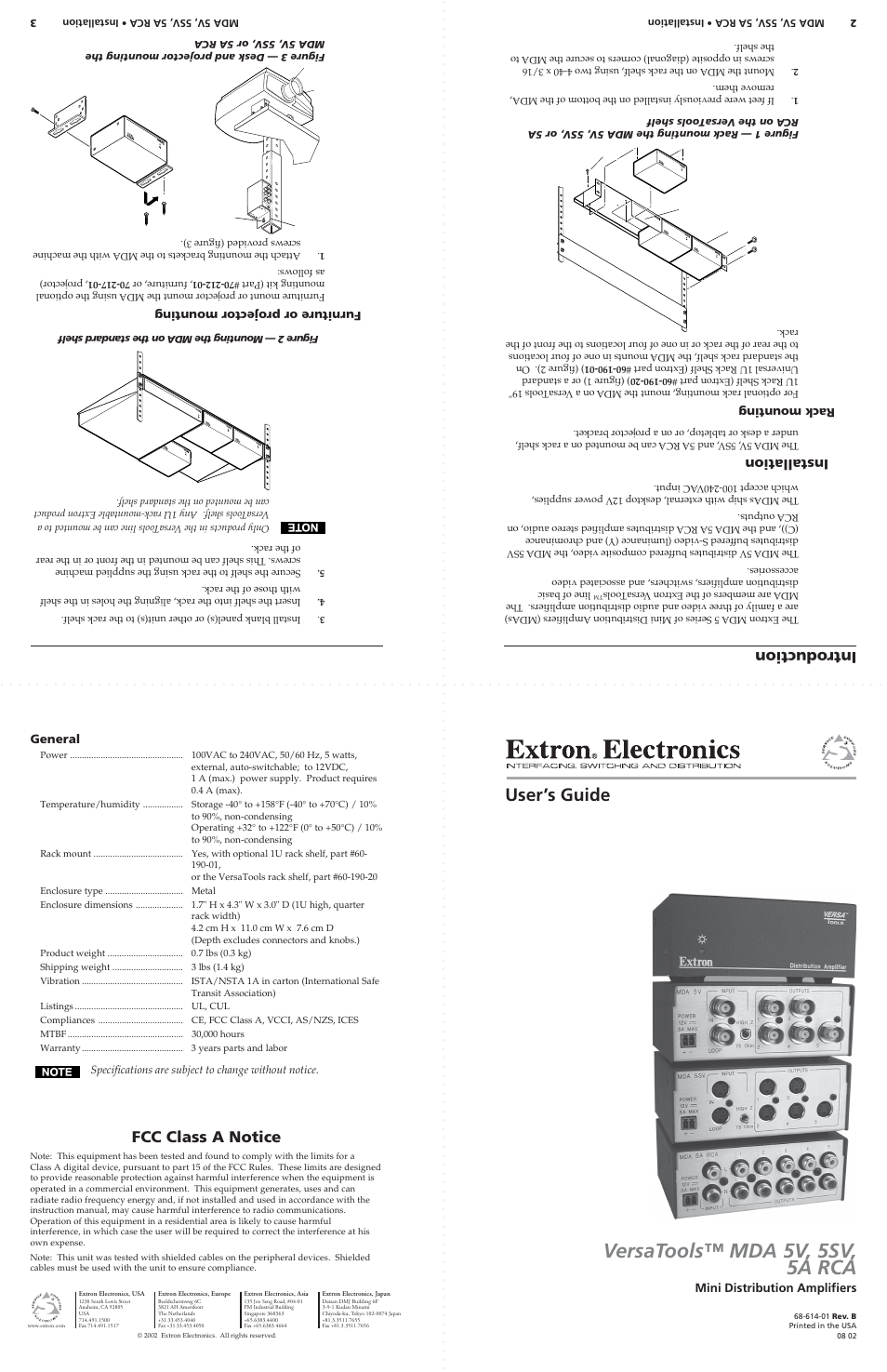 Versatools™ mda 5v, 5sv, 5a rca, User’s guide, Introduction | Fcc class a notice | Extron Electronics MDA 5SV User’s Manual Rev. B User Manual | Page 5 / 5