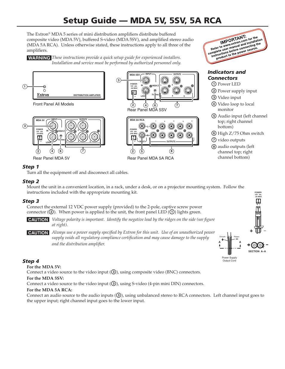 Extron Electronics MDA 5A RCA Setup Guide User Manual | 2 pages