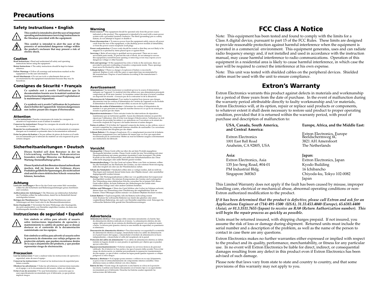 Precautions, Fcc class a notice, Extron’s warranty | Instrucciones de seguridad • español | Extron Electronics MDA 4V SDI User Guide User Manual | Page 2 / 9