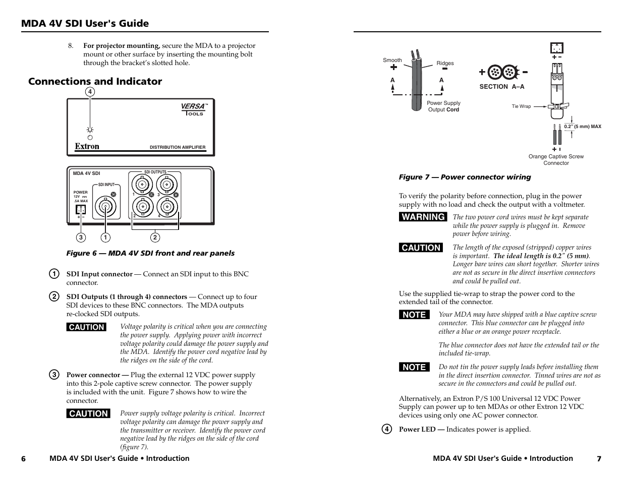 Connections, Mda 4v sdi user's guide, Connections and indicator | Extron Electronics MDA 4V SDI User Guide User Manual | Page 7 / 9