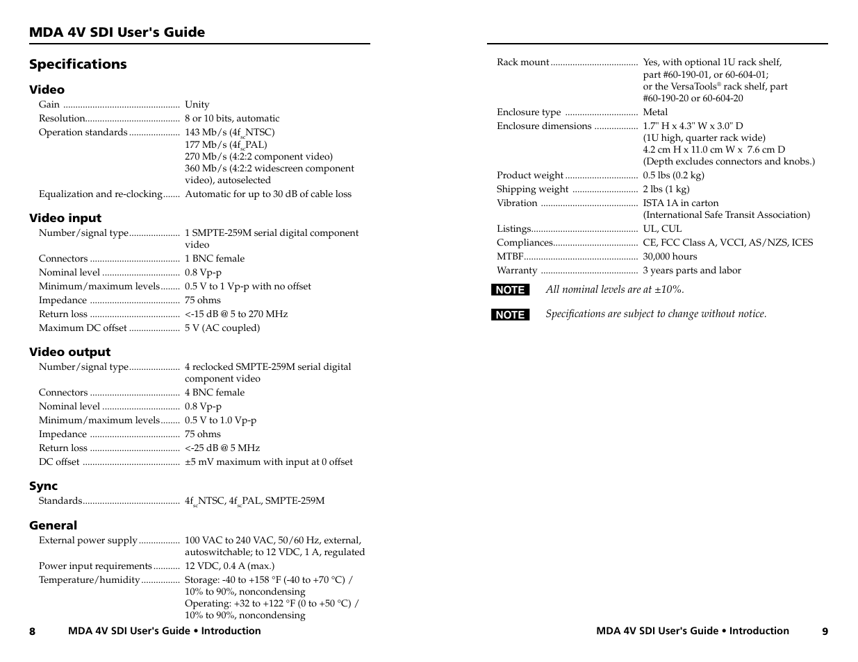Specifications, Mda 4v sdi user's guide, Specifi cations | Extron Electronics MDA 4V SDI User Guide User Manual | Page 8 / 9