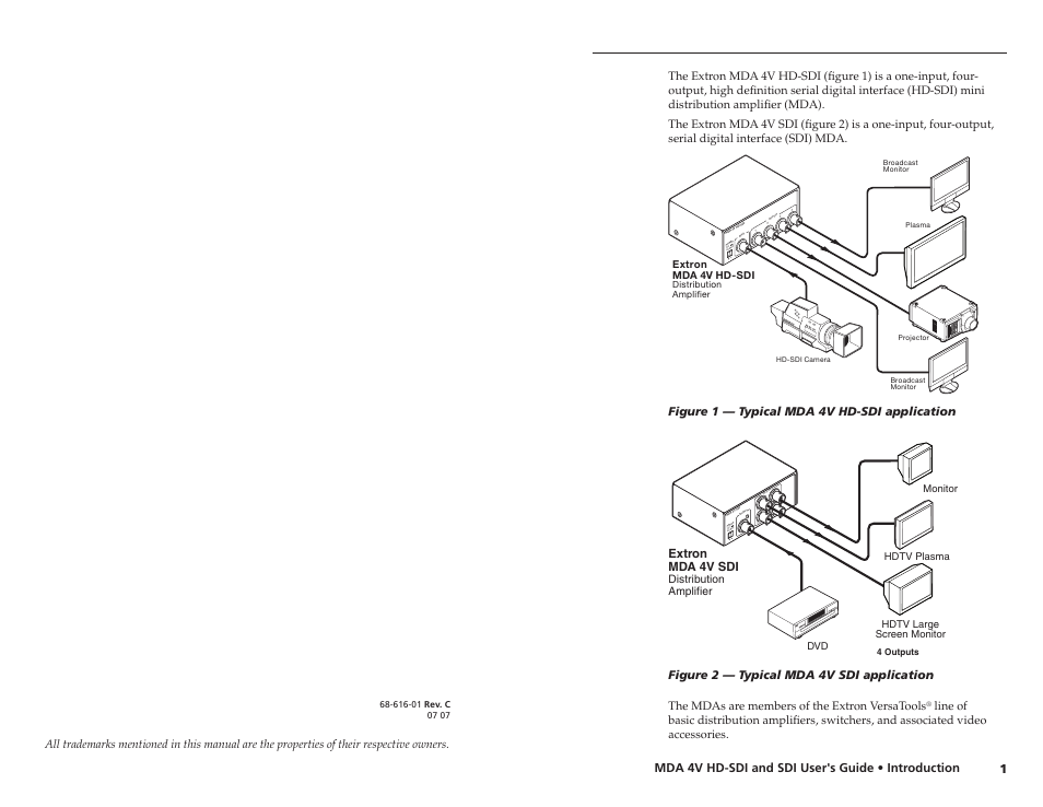 15v .5a ma x, Mda 4v hd-sdi and sdi user's guide • introduction, Figure 1 — typical mda 4v hd-sdi application | Extron mda 4v sdi, Figure 2 — typical mda 4v sdi application | Extron Electronics MDA 4V SDI User Guide User Manual | Page 4 / 11