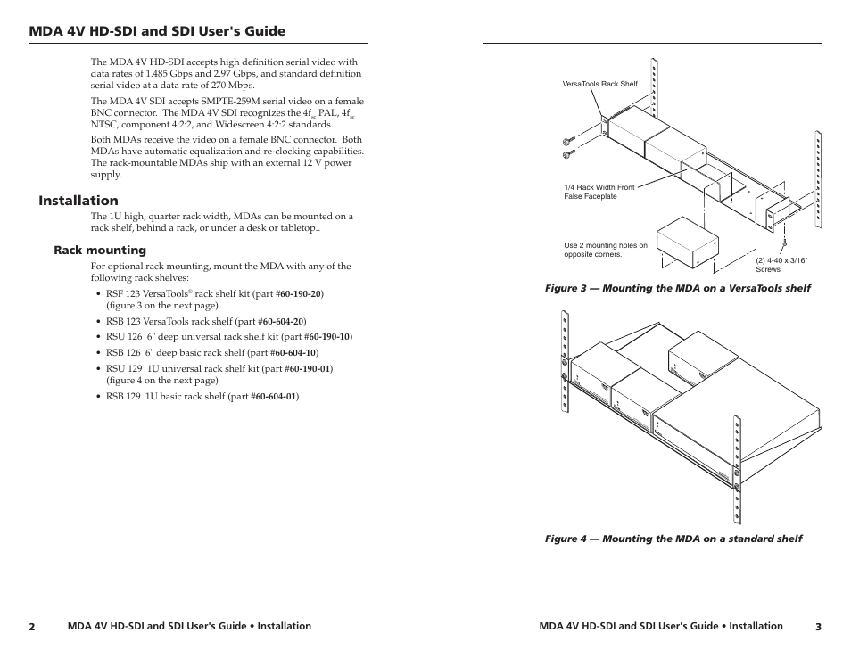 Installation, Rack mounting, Mda 4v hd-sdi and sdi user's guide | Extron Electronics MDA 4V SDI User Guide User Manual | Page 5 / 11