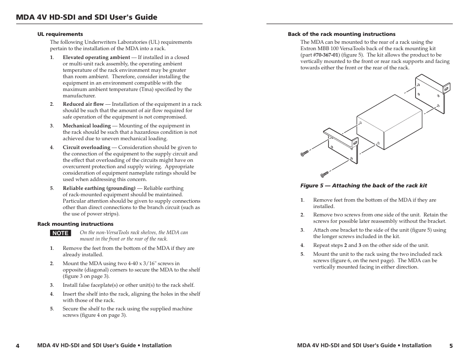 Ul requirements, Rack mounting instructions, Back of the rack mounting instructions | Mda 4v hd-sdi and sdi user's guide | Extron Electronics MDA 4V SDI User Guide User Manual | Page 6 / 11