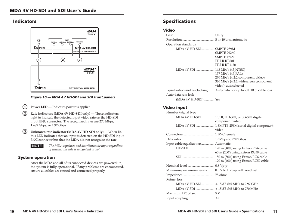 Indicators, System operation, Specifications | Mda 4v hd-sdi and sdi user's guide | Extron Electronics MDA 4V SDI User Guide User Manual | Page 9 / 11