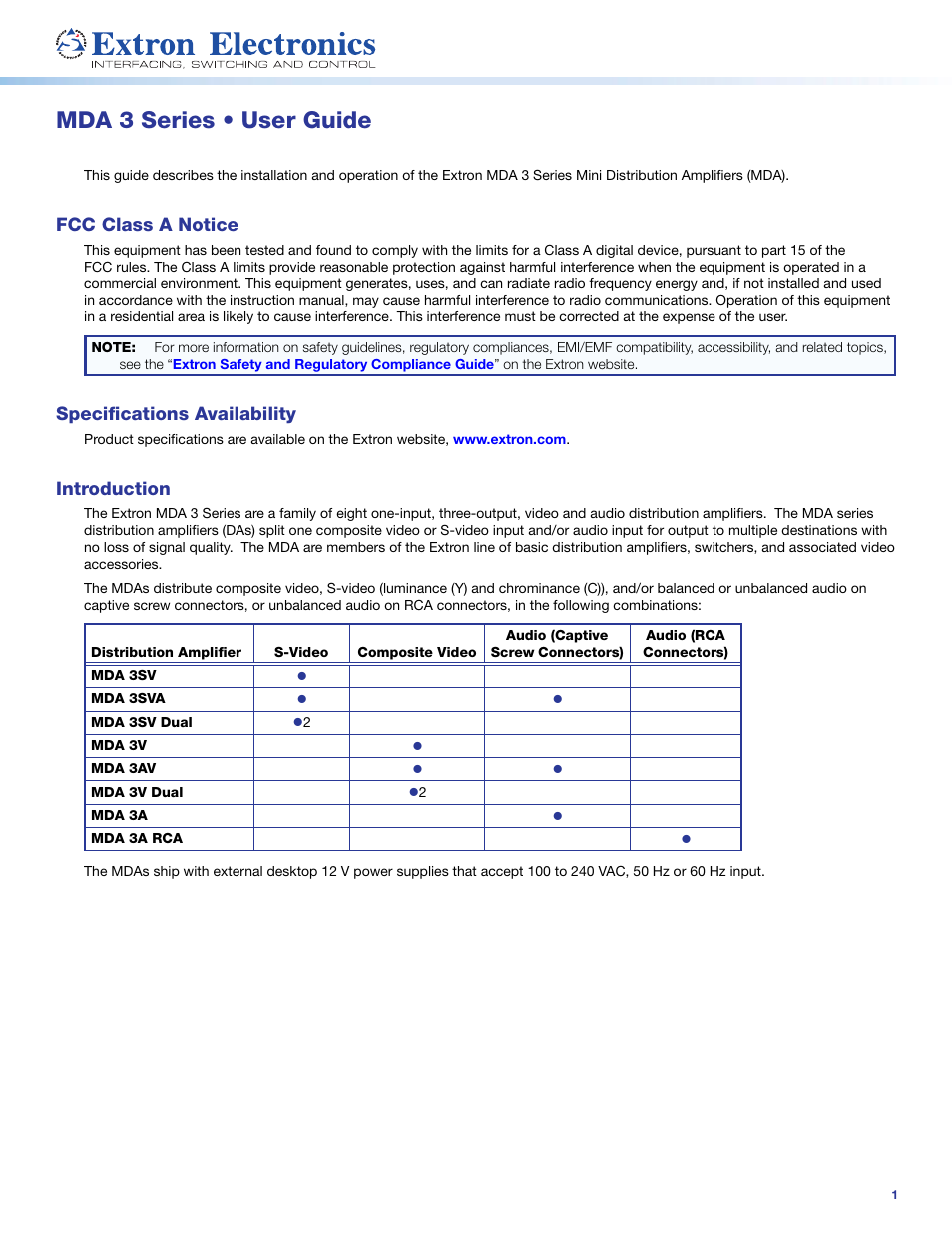 Extron Electronics MDA 3 Series User Guide User Manual | 4 pages