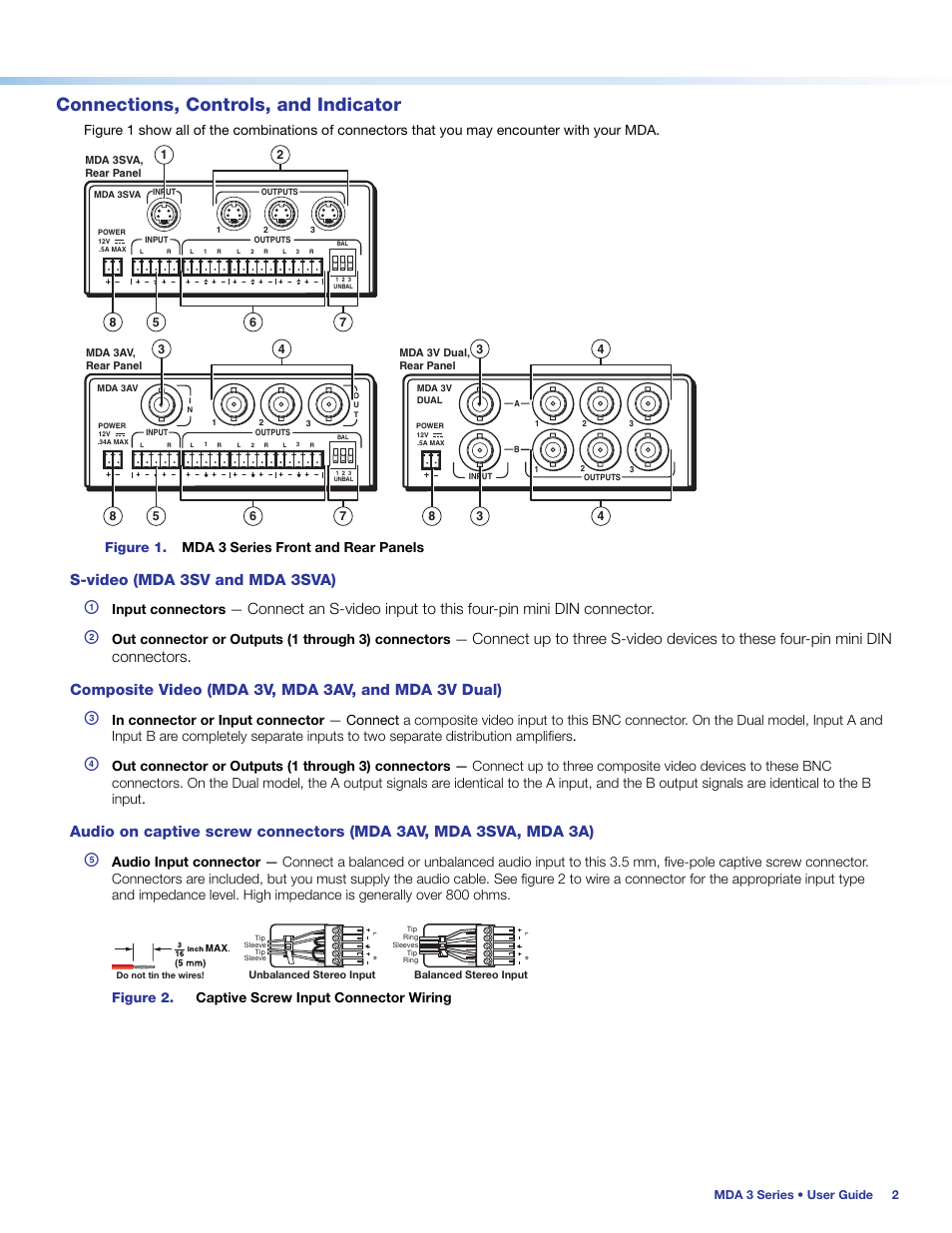 Connections, controls, and indicator, S-video (mda 3sv and mda 3sva), Figure 1. mda 3 series front and rear panels | Input connectors, Out connector or outputs (1 through 3) connectors, Figure 2. captive screw input connector wiring | Extron Electronics MDA 3 Series User Guide User Manual | Page 2 / 4