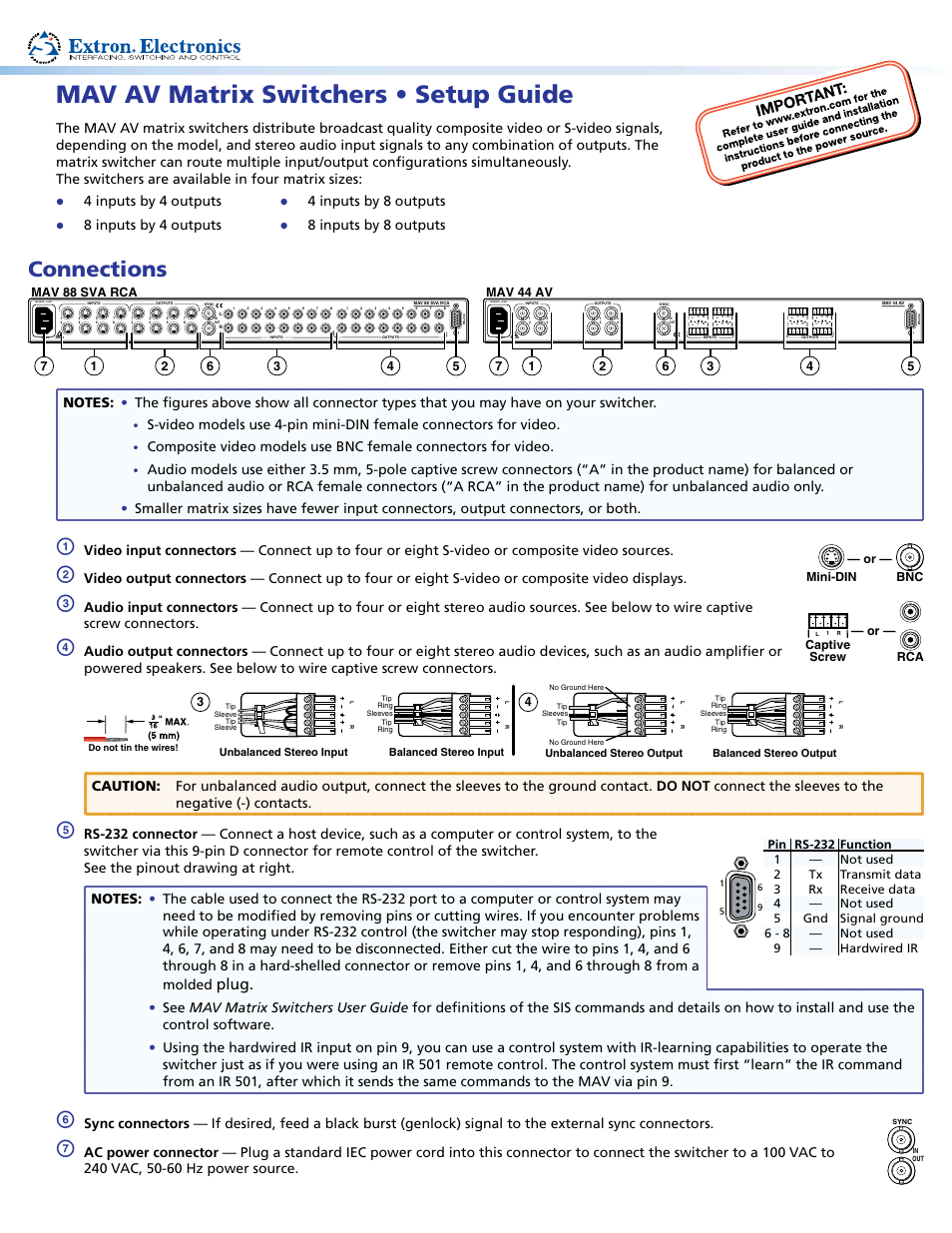 Extron Electronics MAV AV Matrix Switchers Setup Guide User Manual | 4 pages