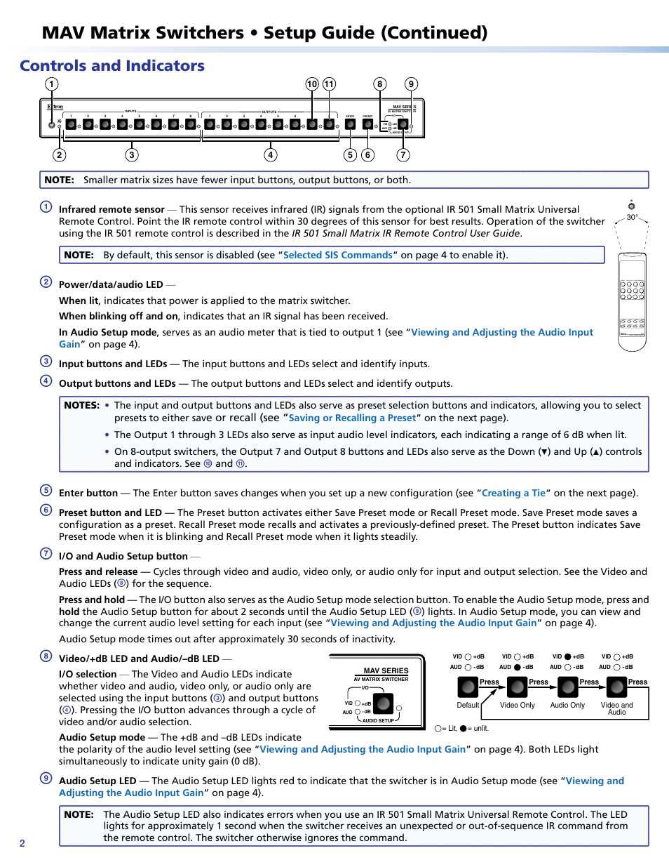 Mav matrix switchers • setup guide (continued), Controls and indicators | Extron Electronics MAV AV Matrix Switchers Setup Guide User Manual | Page 2 / 4