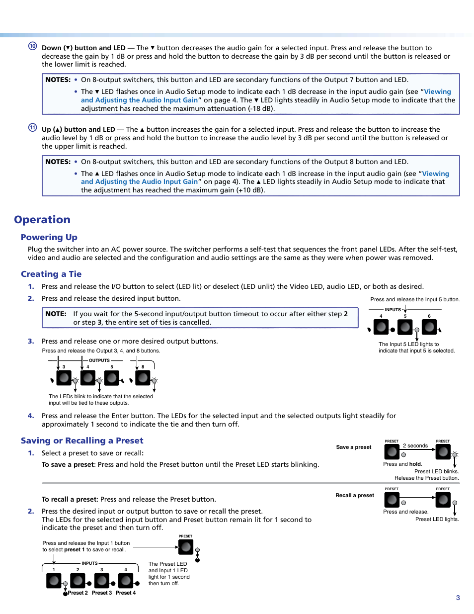 Saving or recalling a preset, And indicators. see, Creating a tie | Operation, Powering up | Extron Electronics MAV AV Matrix Switchers Setup Guide User Manual | Page 3 / 4