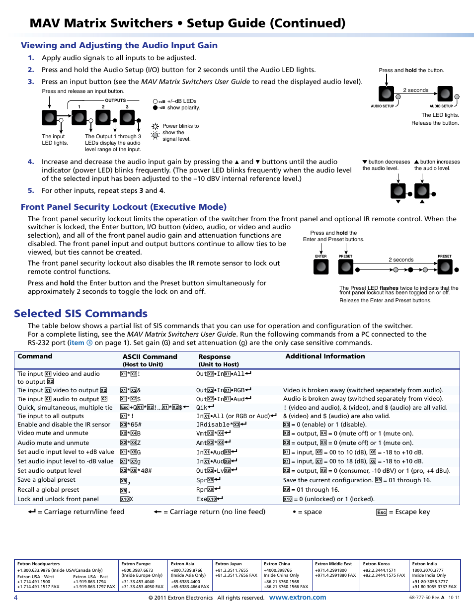 By default, this sensor is disabled (see, Selected sis commands, Viewing and adjusting the audio input | Gain, Viewing and adjusting the audio input gain, The polarity of the audio level setting (see, Viewing and, Adjusting the audio input gain, Viewing, And adjusting the audio input gain | Extron Electronics MAV AV Matrix Switchers Setup Guide User Manual | Page 4 / 4