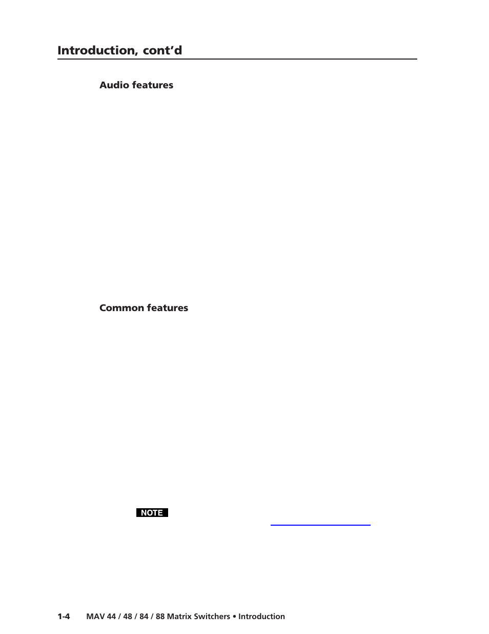 Audio features, Common features, Introduction, cont’d | Extron Electronics MAV 44_48_84_88 Series User Guide User Manual | Page 14 / 88