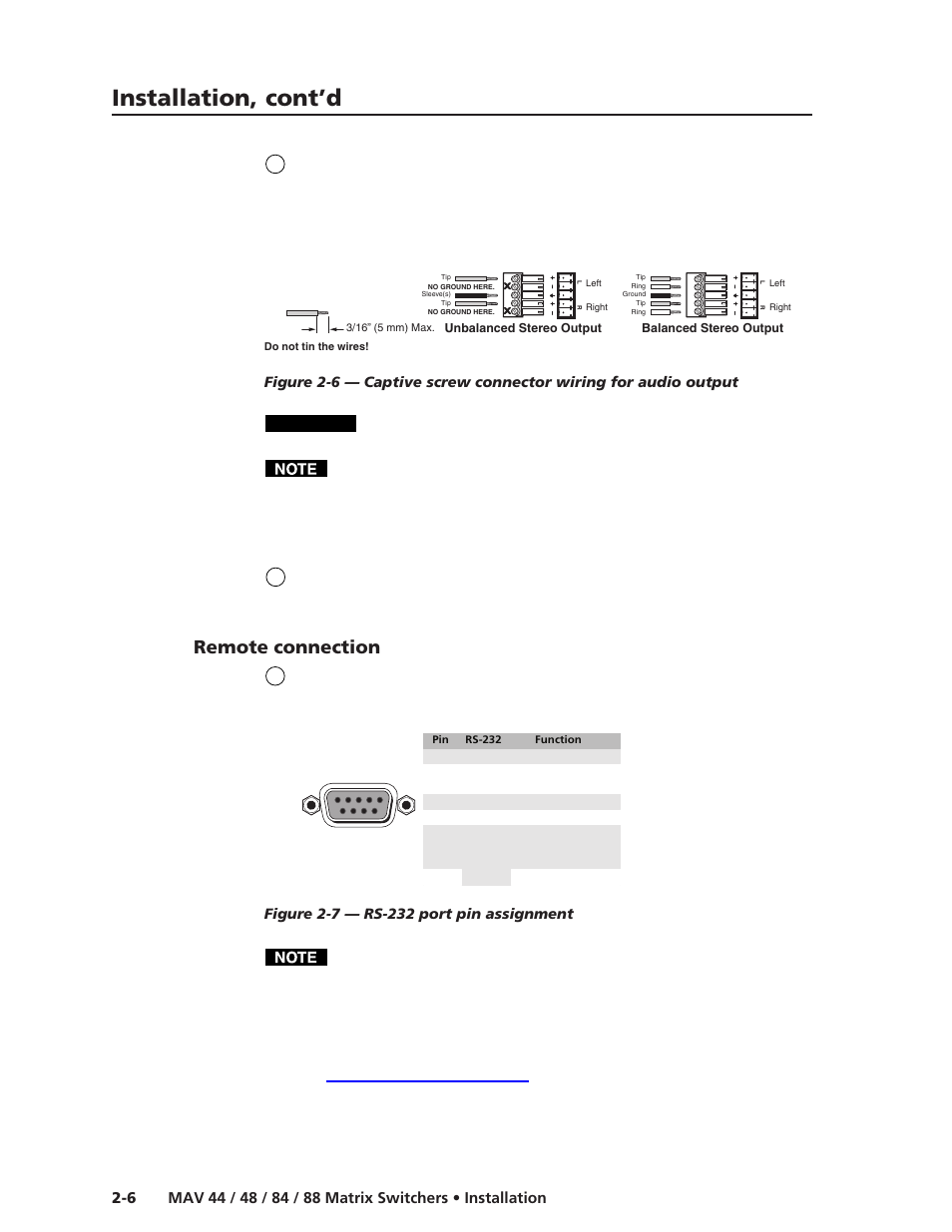 Remote connection, Installation, cont’d, Caution | Extron Electronics MAV 44_48_84_88 Series User Guide User Manual | Page 22 / 88