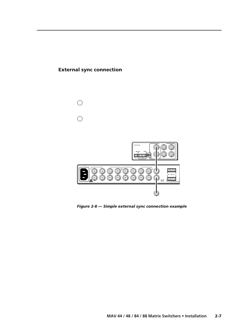 External sync connection, Extron bbg 6 a, Extron mav 88 av | Black burst/color bar/ audio generator, Matrix switcher | Extron Electronics MAV 44_48_84_88 Series User Guide User Manual | Page 23 / 88