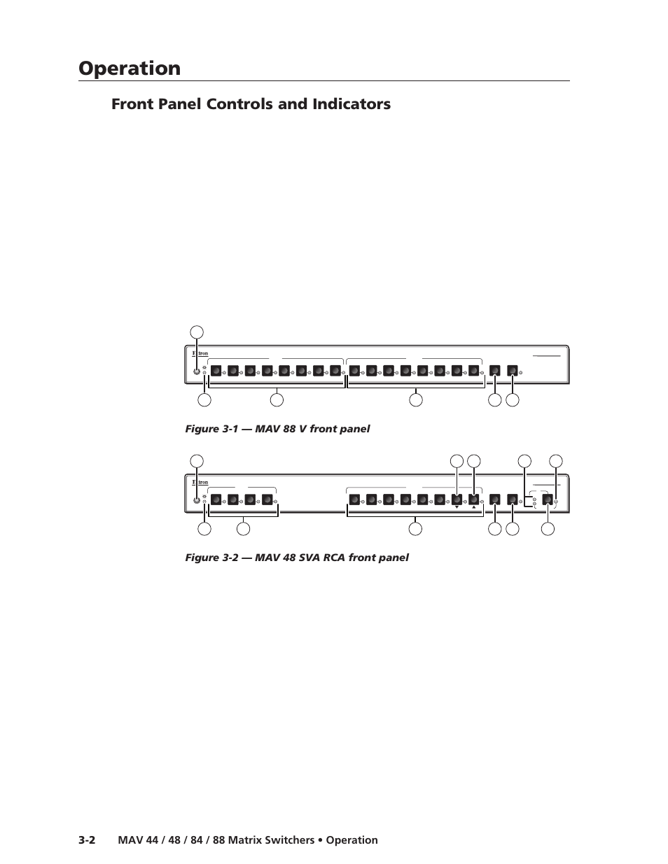 Front panel controls and indicators, Operation, Operation, cont’d | Figure 3-1 — mav 88 v front panel, Figure 3-2 — mav 48 sva rca front panel | Extron Electronics MAV 44_48_84_88 Series User Guide User Manual | Page 26 / 88