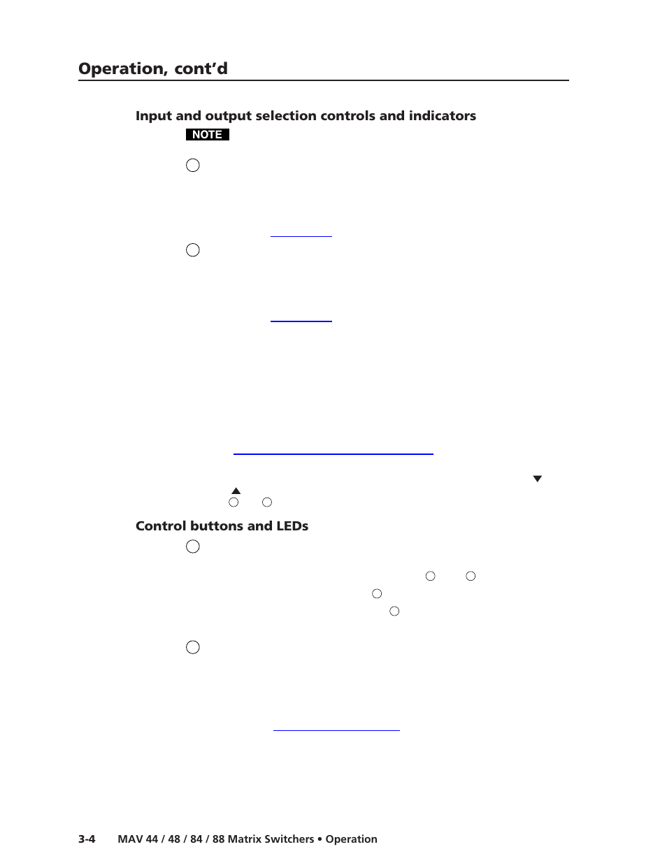 Input and output selection controls and indicators, Control buttons and leds, Operation, cont’d | Extron Electronics MAV 44_48_84_88 Series User Guide User Manual | Page 28 / 88