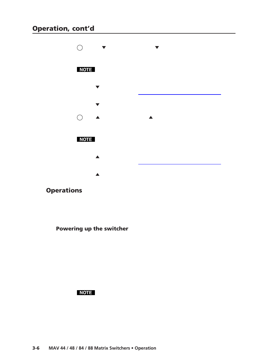 Operations, Powering up the switcher, Operation, cont’d | Extron Electronics MAV 44_48_84_88 Series User Guide User Manual | Page 30 / 88