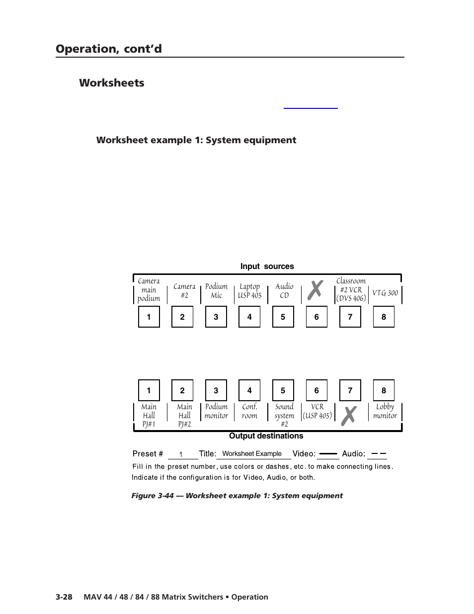 Worksheets, Worksheet example 1: system equipment, Operation, cont’d | Extron Electronics MAV 44_48_84_88 Series User Guide User Manual | Page 52 / 88