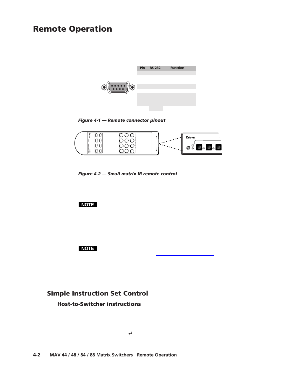 Simple instruction set control, Host-to-switcher instructions, Remote operation | Remote operation, cont’d, Figure 4-1 — remote connector pinout | Extron Electronics MAV 44_48_84_88 Series User Guide User Manual | Page 58 / 88