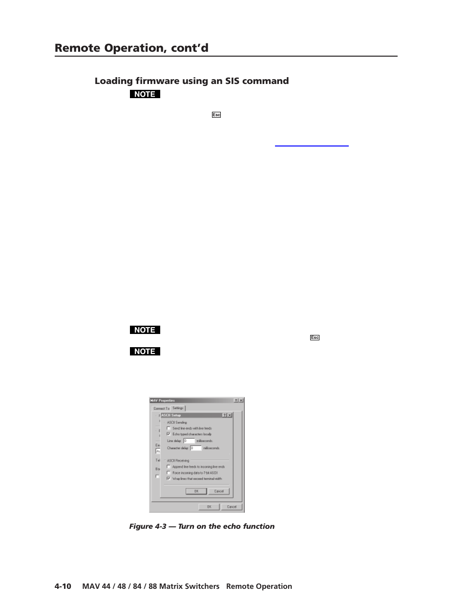 Loading firmware using an sis command, Remote operation, cont’d | Extron Electronics MAV 44_48_84_88 Series User Guide User Manual | Page 66 / 88